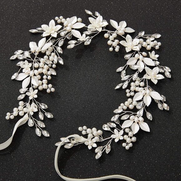 Handmade Rhinestone Flower Leaf Bridal Headpiece for Wedding Pearl Hair Accessor main image 8
